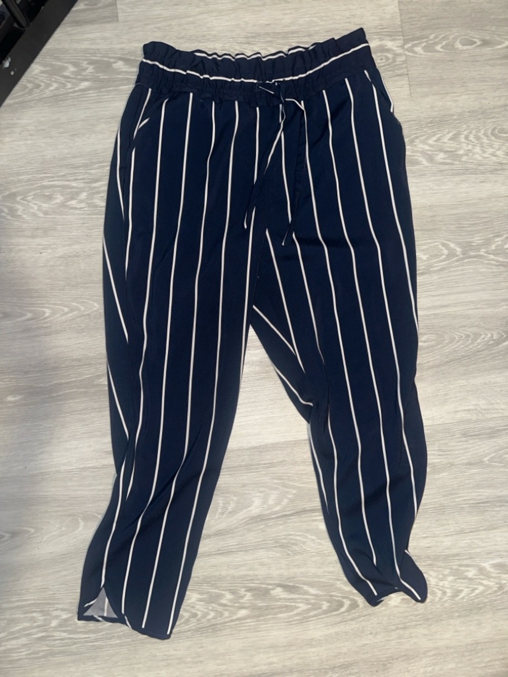 Zara TRF Harem Navy Vertical Stripe Drawstring Pants, size M